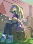 2girls absurdres alouette_(mega_man) android blonde_hair blue_eyes blunt_bangs blush book boots box brown_boots cat child ciel_(mega_man) closed_eyes closed_mouth commentary_request croire_(mega_man) cyber-elf_(mega_man) day full_body gloves grass hand_on_another's_head headgear helmet high_ponytail highres holding lap_pillow long_hair mega_man_(series) mega_man_zero_(series) multiple_girls omochi_(mochi_skymega) on_box outdoors pantyhose paper pencil pink_skirt ponytail robot_ears sitting sitting_on_box skirt sleeping smile stuffed_animal stuffed_toy very_long_hair white_background white_gloves 