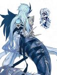  1boy absurdres antaresjgj aqua_hair chibi chibi_inset coat dottore_(genshin_impact) dottore_(heretic_of_the_false_moon)_(genshin_impact) eye_mask from_behind genshin_impact highres long_hair male_focus mask merfolk merman monster_boy monsterification sitting smile syringe_earrings watermark white_coat 