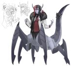  1boy awii black_hair blue_eyes blue_skin bow chinese_commentary colored_skin commentary_request fangs fingernails full_body highres horns jacket long_hair looking_at_viewer male_focus monster_boy multicolored_hair multiple_horns multiple_legs multiple_views original pointy_ears red_hair sharp_fingernails simple_background split-color_hair standing tail tail_bow tail_ornament taur vest white_background white_jacket 
