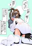  1girl absurdres ahoge all_fours animal_ears borrowed_clothes boyfriend's_shirt brown_hair caught commentary_request constricted_pupils ear_ornament ears_down eyes_visible_through_hair fang from_behind hair_between_eyes hair_ornament hairclip highres holding holding_unworn_clothes horse_ears horse_girl horse_tail j_stonewalker long_sleeves looking_at_viewer looking_back multicolored_hair nervous nervous_smile no_pants open_mouth oversized_clothes oversized_shirt parted_bangs rulership_(umamusume) see-through_clothes see-through_shirt shirt skin_fang smile solo sweat tail thighhighs translation_request turn_pale two-tone_hair umamusume unworn_clothes white_shirt white_thighhighs 