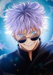  1boy ame_ekai black_jacket blue_background blue_eyes gojo_satoru grin highres jacket jujutsu_kaisen looking_at_viewer male_focus messy_hair round_eyewear short_hair smile solo tinted_eyewear upper_body white_hair 