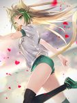  ahoge animal_ears atalanta_(fate) bangs black_legwear blonde_hair blurry blurry_background blush buruma cat_ears fate/apocrypha fate_(series) from_side green_buruma green_eyes green_hair gym_shorts gym_uniform long_hair looking_at_viewer miyuki_ruria motion_blur multicolored_hair petals running shirt short_sleeves shorts sidelocks solo tail thighhighs thighs two-tone_hair 