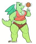  agatha_(mittensmcgee) anthro basketball breasts brown_eyes claws cleavage clothed clothing dragon female hand_on_hip horn midriff mittensmcgee simple_background slightly_chubby smile solo spikes thick_thighs white_background wings 