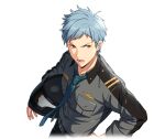  1boy asch_albright belt black_pants blue_hair blue_necktie breast_pocket carrying carrying_under_arm collared_shirt from_above game_asset grey_hair grey_shirt hand_on_own_hip happy_elements helios_rising_heroes helmet holding holding_unworn_helmet long_sleeves looking_to_the_side lower_teeth_only male_focus motorcycle_helmet necktie non-web_source official_art open_mouth orange_eyes pants pocket self-datamine shirt short_bangs short_hair solo teeth transparent_background unworn_headwear unworn_helmet upper_body v-shaped_eyebrows 