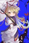  1girl absurdres blonde_hair blue_background bow closed_mouth commentary dress frilled_dress frills gap_(touhou) gumingdi_ban hair_between_eyes hair_bow hat hat_ribbon highres holding holding_umbrella long_hair long_sleeves looking_at_viewer mob_cap parasol purple_tabard red_bow ribbon solo tabard touhou umbrella very_long_hair white_dress wide_sleeves yakumo_yukari yellow_eyes 