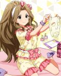  1girl bow brown_hair card_commentary commentary_request curtained_hair floral_print floral_print_shirt frilled_shirt frilled_shorts frills game_asset green_eyes hair_bow hairband happiness_roomwear_(idolmaster) high_ponytail holding holding_mask idolmaster idolmaster_million_live! idolmaster_million_live!_theater_days long_hair mask nikaido_chizuru official_alternate_costume official_art pajamas pink_bow pink_trim ponytail print_shirt print_shorts shirt shirt_bow short_sleeves shorts sitting solo third-party_source very_long_hair white_hairband yellow_shirt yellow_shorts 
