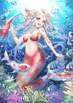  air_bubble armlet blush breasts bubble cleavage eyebrows_visible_through_hair fish hair_ornament jewelry large_breasts long_hair looking_at_viewer mermaid monster_girl navel necklace open_mouth original red_eyes roang silver_hair smile solo submerged underwater 