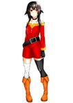  :o asymmetrical_legwear bandage bare_shoulders belt black_belt black_hair black_lingerie black_panties black_underwear blush boots collar dress fingerless_gloves gloves hat highres kono_subarashii_sekai_ni_shukufuku_wo! maco megumin mismatched_legwear orange_boots red_dress red_eyes short_hair short_hair_with_long_locks single_thighhigh thighhighs underwear white_background witch witch_hat 