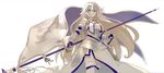  armor blonde_hair blue_eyes blue_gloves breastplate breasts closed_mouth commentary_request diadem elbow_gloves eyebrows_visible_through_hair fate/apocrypha fate_(series) fingerless_gloves flag fur_trim gauntlets gloves hand_on_hilt holding holding_flag jeanne_d'arc_(fate) jeanne_d'arc_(fate)_(all) large_breasts long_hair looking_at_viewer shirabi simple_background smile solo standing sword thighhighs thighhighs_under_boots very_long_hair weapon white_background 
