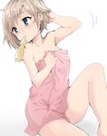  arm_up blonde_hair blue_eyes blush commentary_request covering covering_breasts hand_in_hair highres knee_up naked_towel original piercing pink_towel ramune roku_kyuu short_hair simple_background sitting solo sweatdrop towel white_background 
