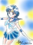  1girl 2017 bishoujo_senshi_sailor_moon blue_bow blue_eyes blue_hair bow choker dated earrings elbow_gloves highres kagawa_hisashi magical_girl mizuno_ami sailor_mercury serafuku short_hair signature smile solo spread_arms tiara 