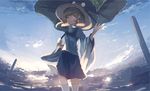  backlighting blonde_hair closed_mouth cloud cloudy_sky day hair_ribbon hat highres holding leaf_umbrella long_sleeves mifuru moriya_suwako onbashira outdoors red_ribbon ribbon sidelocks skirt skirt_set sky smile solo standing sunlight thighhighs touhou tress_ribbon turtleneck vest water_drop white_legwear wide_sleeves yellow_eyes 