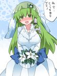  :d bad_id bad_pixiv_id blue_bow blush bouquet bow breasts bridal_veil dress eyebrows_visible_through_hair eyes_visible_through_hair flower frog_hair_ornament green_hair hair_ornament hair_tubes hammer_(sunset_beach) happy holding holding_bouquet kochiya_sanae large_breasts long_hair long_sleeves looking_at_viewer open_mouth smile snake_hair_ornament solo speech_bubble standing touhou translated veil wedding_dress white_dress 