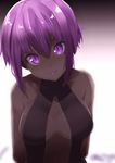  bad_id bad_pixiv_id bare_shoulders black_leotard blurry breasts center_opening closed_mouth commentary_request dark_skin depth_of_field fate/prototype fate/prototype:_fragments_of_blue_and_silver fate_(series) hairband hassan_of_serenity_(fate) head_tilt leotard looking_at_viewer medium_breasts purple_eyes purple_hair short_hair smile solo upper_body yuuzuki_(re'ef) 