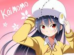  adjusting_clothes adjusting_hat blush character_request copyright_name gradient gradient_background hat khnchak koimomo long_hair looking_at_viewer pink_background red_eyes school_uniform solo 