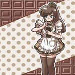  alternate_costume apron black_bow black_neckwear blue_eyes bow bowtie brown_hair brown_legwear brown_scrunchie enmaided high_ponytail holding holding_notepad holding_pen kuonji_ukyou limited_palette long_hair looking_to_the_side maid notepad pen polka_dot polka_dot_background ponytail ranma_1/2 scrunchie sidelocks solo spot_color taking_order thighhighs waitress wanta_(futoshi) zettai_ryouiki 