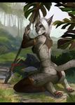  2017 anthro athletic blue_eyes butt clothed clothing day detailed_background digitigrade facial_markings feline female frown full-length_portrait fur grass grey_fur hair hi_res holding_object holding_weapon humanoid_hands inner_ear_fluff juliathedragoncat kneeling leaf mammal markings melee_weapon outside pawpads plant polearm portrait rear_view scar shadow short_hair signature snout solo spear spots spotted_fur stone tree weapon white_hair 