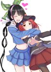  2girls aka_usagi black_hair blush danganronpa eyes_closed happy hat hug long_hair midriff mole multiple_girls new_danganronpa_v3 pantyhose red_eyes red_hair school_uniform short_hair skirt tied_hair twintails yumeno_himiko 