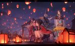  2girls abe_no_seimei_(onmyoji) absurdres afloat_lantern bangs bell black_hair blue_eyes boots clog_sandals closed_mouth fan folding_fan gods_(1073337800) grey_hair hands_on_own_knees hat high_ponytail highres japanese_clothes jingle_bell kagura_(onmyoji) kimono lantern legs_together letterboxed long_hair long_sleeves looking_afar looking_away low_ponytail minamoto_no_hiromasa multicolored_hair multiple_boys multiple_girls night night_sky obon onmyoji open_mouth outdoors paper_lantern ponytail red_eyes red_hair sash short_hair_with_long_locks sidelocks sky sky_lantern smile squatting standing swept_bangs tassel tate_eboshi torii two-tone_hair water white_hair wide_sleeves yaobikuni_(onmyoji) 