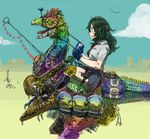  bag boku_no_hero_academia boots cloud dagger day dinosaur dinosaur_riding fangs fingerless_gloves fishing_rod gloves green_hair highres ktkt_iwasi long_hair miniskirt mountain open_mouth riding school_uniform skirt sky solo teeth thighhighs tokage_setsuna tongue tongue_out weapon 