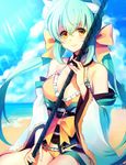 aqua_hair bare_shoulders beach between_breasts bikini blush bow breasts cleavage closed_mouth cloud cloudy_sky day fate/grand_order fate_(series) hair_bow highres horns kiyohime_(fate/grand_order) kiyohime_(swimsuit_lancer)_(fate) large_breasts long_hair looking_at_viewer ocean outdoors ponytail shibuki_kamone sky smile solo swimsuit yellow_eyes 