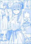  6+girls :o bag blue braid bread breasts coat commentary d: faceless faceless_female faceless_male food furoshiki getsuyoubi_no_tawawa glasses grin handbag himura_kiseki large_breasts maegami-chan_(tawawa) melon_bread monochrome multiple_boys multiple_girls obentou open_mouth school slippers smile student wrapped_obentou 