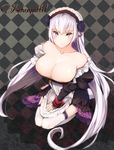  blush breasts character_request cleavage closed_mouth eyebrows_visible_through_hair higanbana_(xb500) highres huge_breasts long_hair looking_at_viewer maid_headdress purple_eyes solo thighhighs very_long_hair white_hair white_legwear wonderland_wars 