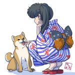  alternate_costume animal_print artist_logo black_hair butterfly_print chin_rest dog from_behind highres japanese_clothes kimono kunou_kodachi obi obi_bow paws ranma_1/2 sandals sash scratching shiba_inu side_ponytail signature simple_background solo squatting striped striped_kimono tongue tongue_out wanta_(futoshi) white_background yukata 