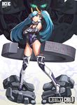  &gt;:( absurdres artist_request bangs blue_eyes blue_hair blue_swimsuit breasts cleavage copyright_name covered_navel crossed_arms danu_(destiny_child) destiny_child detached_collar detached_sleeves facing_away floating_hand frown full_body hair_ribbon hand_on_own_arm headgear highres mecha medium_breasts navy_blue_legwear ribbon school_swimsuit solo standing swimsuit thighhighs twintails v-shaped_eyebrows 