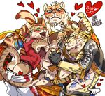  anthro belt blush clothed clothing clouded_leopard collar disembodied_hand embarrassed feline fur gloves likulau lin_hu looking_at_viewer male mammal muscular muscular_male nekojishi shu-chi simple_background tattoo tiger 天然嫣 
