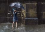  adapted_costume bare_legs barefoot blue_eyes blue_hair bow cirno commentary full_body hair_bow hands_up holding holding_umbrella hood hood_down ice ice_wings long_sleeves looking_at_viewer outdoors rain raincoat reddizen short_hair smile solo texture touhou umbrella wall water wings 