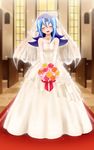  1girl blue_hair breasts chiyo_(no3baki) dress full_body happy kamishiro_rio long_hair red_eyes smile solo wedding_dress yu-gi-oh! yuu-gi-ou_zexal 