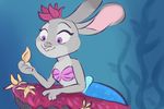  2016 4_fingers absurd_res anthro ariel_(disney) disney duo female fur grey_fur hi_res holding_object judy_hopps judylavernehopps kelp lagomorph mammal marine merfolk parody pink_nose purple_eyes rabbit seashell_bra seaweed smile solo split_form the_little_mermaid underwater water zootopia 