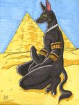  anthro anubian_jackal anubis bad_(artist) biceps big_penis black_penis black_skin canine claws crouching deity erection facial_markings green_eyes grin humanoid_penis jackal jewelry male mammal markings muscular muscular_male nude outside pecs penis pyramid sand smile solo 