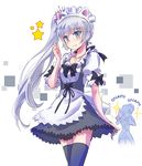  alternate_costume animal_ears apron blue_eyes blush cat_ears cellphone commentary enmaided fake_animal_ears iesupa maid maid_apron maid_headdress multiple_girls phone ponytail rwby scar scar_across_eye skirt_hold smartphone taking_picture thighhighs weiss_schnee white_hair winter_schnee zettai_ryouiki 