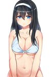  absurdres bikini_top black_hair blue_eyes blush breasts cleavage closed_mouth eyebrows_visible_through_hair front-tie_bikini front-tie_top hair_between_eyes hairband highres idolmaster idolmaster_cinderella_girls large_breasts long_hair looking_at_viewer navel out-of-frame_censoring rangen sagisawa_fumika solo underboob wavy_mouth white_background 