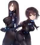  ass bangs black_bodysuit blush bodysuit breasts brown_eyes brown_hair clenched_hands closed_mouth commentary_request covered_nipples cowboy_shot eyelashes gantz gantz_suit glowing hair_between_eyes highres large_breasts leaning_forward light_frown long_hair looking_at_viewer looking_away looking_to_the_side medium_breasts multiple_girls outstretched_arms own_hands_together parted_lips shimohira_reika short_hair simple_background skin_tight smile standing swept_bangs taishi_(picchiridou) teeth thigh_gap white_background yamasaki_anzu 
