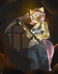 2017 alasou anthro anthrofied armor candle clothed clothing dirty equine female fire fluttershy_(mlp) friendship_is_magic hair helmet hi_res mammal midriff miner my_little_pony pickaxe pink_hair solo teal_eyes 