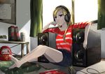  asahi_breweries blonde_hair can chin_rest curtains daruma_doll headphones long_hair nanana_(nanana_iz) original purple_eyes shirt shorts sitting solo speaker striped striped_shirt table window 