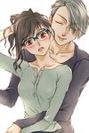  1girl black_hair blue-framed_eyewear brown_eyes closed_eyes genderswap genderswap_(mtf) glasses hetero hickey highres hug hug_from_behind katsuki_yuuri marine_(1894271) ponytail saliva saliva_trail silver_hair tongue tongue_out viktor_nikiforov yuri!!!_on_ice 