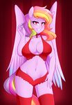  2017 anthro blush bra breasts choker clothed clothing equine fan_character feathered_wings feathers female fur hair half-closed_eyes hi_res horse legwear looking_at_viewer mammal multicolored_hair my_little_pony navel panties pegasus pink_eyes pony purple_fur senseidezzy smile solo stockings teeth underwear wings 