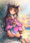  :p bad_id bad_pixiv_id bangs barefoot black_hair day earrings ells fate/grand_order fate_(series) fur_trim hoop_earrings ishtar_(fate/grand_order) ishtar_(swimsuit_rider)_(fate) jacket jewelry leg_garter long_hair long_legs looking_at_viewer ocean one-piece_swimsuit outdoors parted_bangs pink_jacket red_eyes shin_strap single_thighhigh sitting smile solo sun sunset swimsuit thighhighs tongue tongue_out two_side_up very_long_hair wavy_hair white_swimsuit 