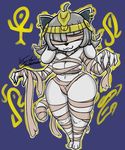  2017 anthro bandage breasts canine cat clothed clothing digital_media_(artwork) dog feline female fur hair jyto looking_at_viewer mammal mummy nipples simple_background smile tem temmie_(undertale) undead undertale video_games white_fur 