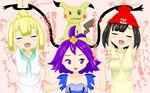  3girls :3 acerola_(pokemon) ahoge animal_ears armpits arms_up artist_request beanie black_eyes black_hair blonde_hair blue_dress blush braid breasts collarbone dress drooling eyes_closed flat_chest hair_ornament hands_together hat heart highres laughing lillie_(pokemon) looking_to_the_side matching_hair/eyes mimikyu mizuki_(pokemon_sm) multiple_girls open_mouth pink_background pokemon pokemon_(creature) pokemon_sm purple_eyes purple_hair red_hat restrained saliva shirt short_hair short_sleeves simple_background small_breasts smile tail tears text tickling tied_hair translation_request wavy_mouth white_shirt yellow_shirt 