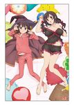  absurdres artist_request barefoot bed bed_sheet black_hair blush breasts brown_hair full_body hat highres kono_subarashii_sekai_ni_shukufuku_wo! large_breasts legs looking_at_viewer lying megumin multiple_girls pajamas panties panty_peek pillow red_eyes ribbon short_hair thighs tied_hair toe_scrunch twintails underwear witch_hat yunyun_(konosuba) 