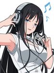  :d armpits beamed_eighth_notes black_hair blue_eyes blush breasts eighth_note hair_ribbon headphones khnchak large_breasts long_hair musical_note open_mouth original ribbon simple_background smile solo white_background white_ribbon 