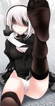  black_dress black_hairband blindfold blindfold_lift blue_eyes cleavage_cutout commentary_request dress feet hairband highres leg_up leotard long_sleeves mole mole_under_mouth nier_(series) nier_automata no_shoes oouso silver_hair soles solo thighhighs toes twitter_username white_leotard yorha_no._2_type_b 