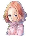  absurdres brown_hair forehead highres mou_(piooooon) okumura_haru persona persona_5 pink_sweater purple_eyes ribbed_sweater sweater upper_body white_background 