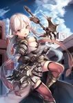  armor axe blush breasts cleavage eyebrows_visible_through_hair grey_eyes highres holding holding_axe holding_weapon large_breasts long_hair looking_at_viewer official_art original parted_lips red_legwear saraki solo thighhighs weapon white_hair 