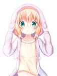  :c animal_ears blonde_hair blush bunny_ears closed_mouth collarbone eyebrows_visible_through_hair fake_animal_ears gochuumon_wa_usagi_desu_ka? green_eyes highres kirima_sharo long_sleeves looking_at_viewer loungewear midriff navel qutori short_hair solo upper_body 